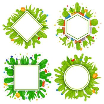 Set of 4 empty geometrical frames with cactuses and succulents. Home cactus plants with prickles and flowers. Exotic tropical collection of various succulents vector
