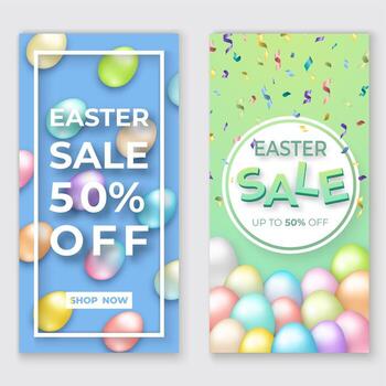 Easter vertical banners with 3d eggs on green and bue with letters. Cute easter background vector