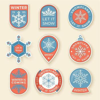 Winter labels and badges elements. Set of Christmas and holidays objects and symbols. Collection of snowflakes badges and logo patches vector
