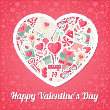 Valentines Day Background with Flat Icons and Heart Shape Frame vector