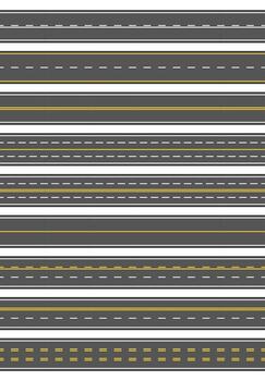 Seamless set of nine different road marking. Top view of horizontal straight asphalt roads. Templates with different white and yellow marking, asphalt surfacing and seamless borders vector