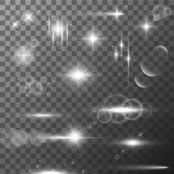 Collection of different flare light effects. Lens flares, rays, stars and sparkles with bokeh collection. Transparent light effect vector