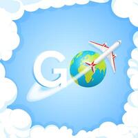 viaje concepto. palabra Vamos a azul antecedentes con aeronave y globo. avión volador alrededor tierra planeta con continentes y océanos mundo viaje aire vector