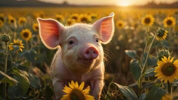 un juguetón cerdito rodeado por vibrante girasoles a puesta de sol en un pintoresco campo foto