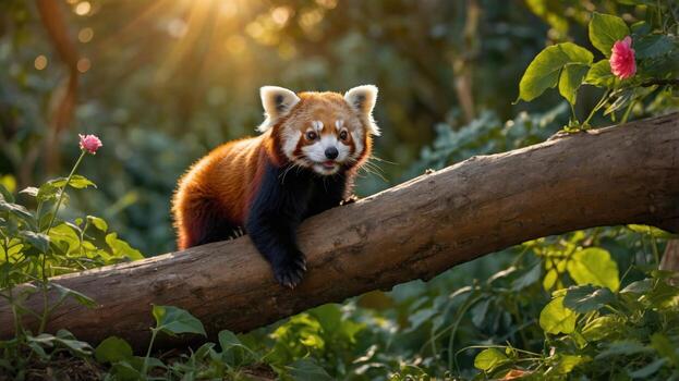 Red panda climbing on a log in a lush green forest with sunlight filtering through trees photo