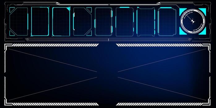 A sleek digital interface showcases multiple empty frames and a circular indicator on a deep blue background, suggesting a tech-focused setting. The design emphasizes modernity and functionality vector