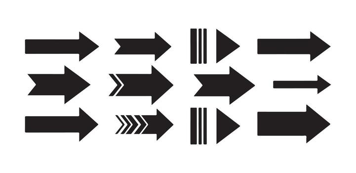 Set of black arrows with different styles on a white background direction forward vector