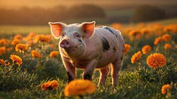 juguetón cerdito errante mediante un vibrante campo de maravilla flores durante puesta de sol foto