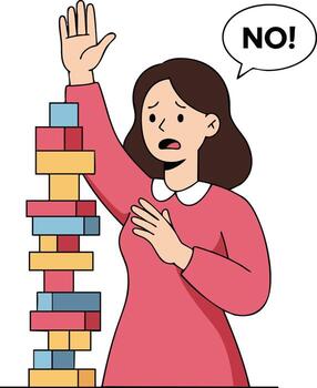 mujer jugando bloquear apilado juego expresando rechazo con mano gesto y habla burbuja ilustración vector