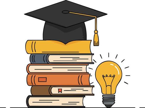 Graduation cap on stack of books with glowing light bulb symbolizing education and knowledge concept vector