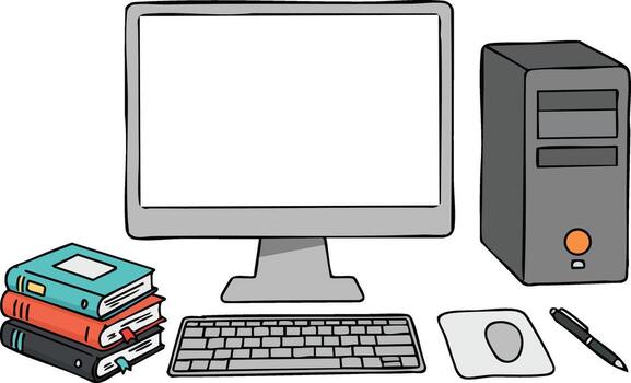 Desktop computer setup with keyboard mouse pen and stack of books for office work or study environment illustration vector