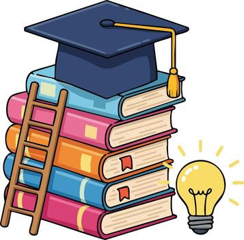 Graduation cap on stack of colorful books with ladder and glowing light bulb symbolizing knowledge and learning progress vector
