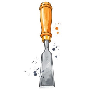 A drawing of a chisel with a wooden handle and a metal blade on a plain surface, tool object art on transparent background png