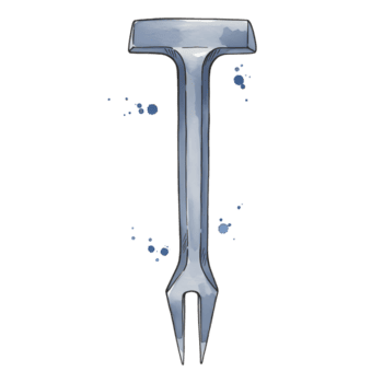 un' stilizzato argento intaglio forchetta con un' t sagomato maniglia su un' pianura ambientazione con piccolo blu Accenti su trasparente sfondo png