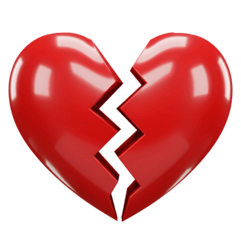 un lustroso rojo corazón división verticalmente con un dentado separación en contra un llanura antecedentes representación en transparente antecedentes png