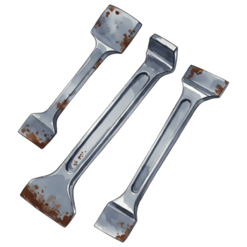 Three metal stone chisels with some rust arranged diagonally on a plain solid color space view from above on transparent background png