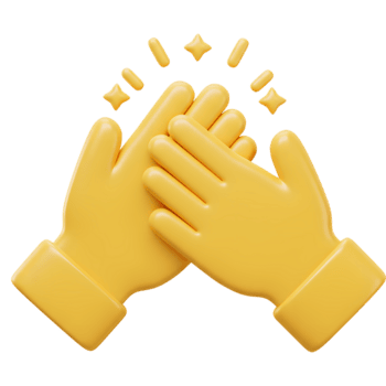 Yellow hands clapping with star shaped bursts emanating upwards in a digital rendering style image on transparent background png