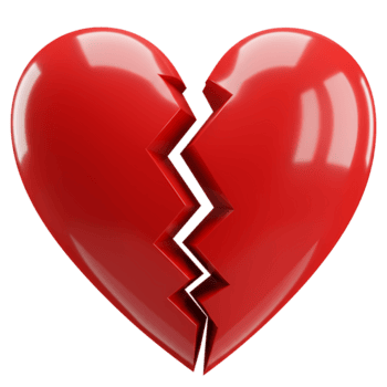 A glossy crimson heart broken into two pieces with a jagged split on a solid color surface view close up on transparent background png
