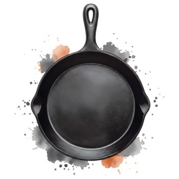 un parte superior ver de un emitir hierro sartén con un encargarse de rodeado por acuarela salpicaduras en un llanura superficie en transparente antecedentes png