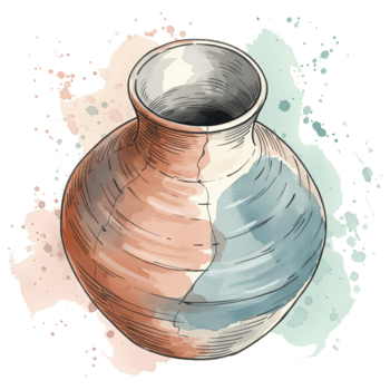 un acuarela estilo dibujo de un loza de barro florero con un grieta en un vistoso salpicar modelo en transparente antecedentes png