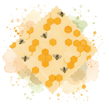 Watercolor style image featuring bees and honeycombs on a light splash with a transparent area on transparent background png