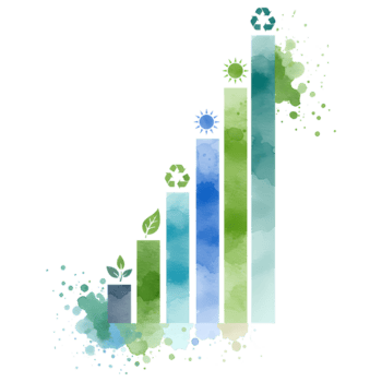 Watercolor style bar graph showing increasing values in shades of green and blue on a plain field on transparent background png