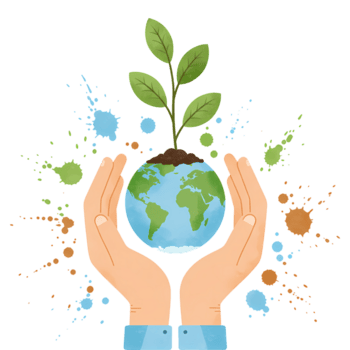 Hands holding a globe with a plant growing out of it surrounded by colorful abstract shapes design on transparent background png