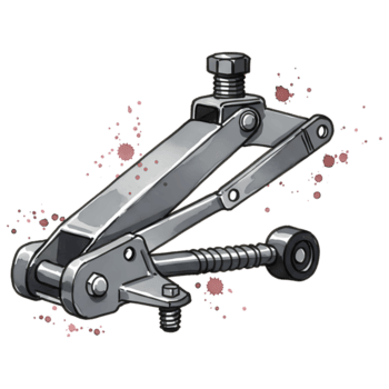 A vibrant rendering of a red hydraulic floor jack with a silver handle on a plain canvas area on transparent background png