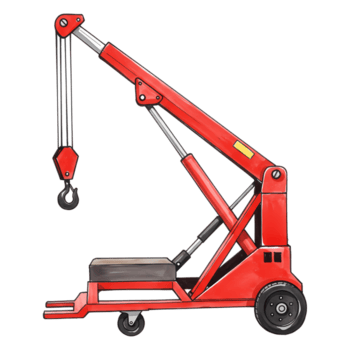 un' disegno di un' rosso motore montacarichi con un' gancio e ruote su un' pianura spazio con no altro oggetti mostrato su trasparente sfondo png