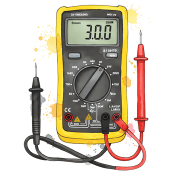 un amarillo multímetro con sondas mostrando un leyendo de 3.0.0 y varios ajustes visible en transparente antecedentes png