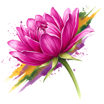 uma vibrante Rosa flor com verde haste e colorida salpicos em uma avião contexto, artístico Renderização em transparente fundo png