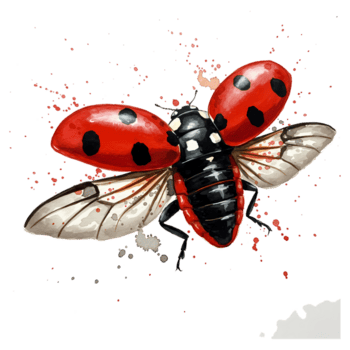 A watercolor style image of a ladybug with red and spots wings flying against a textured canvas on transparent background png