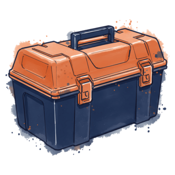 A stylized image of a red and gray battery charger with clamps and digital display showing the time on transparent background png