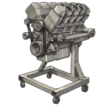 Engine suspended by chains from a crane with a red watercolor splash in the background design art on transparent background png