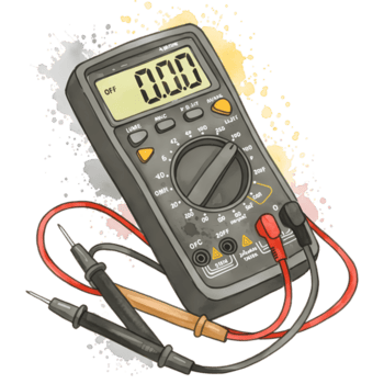 A digital multimeter with probes and a display showing zero reading in a watercolor style drawing art on transparent background png
