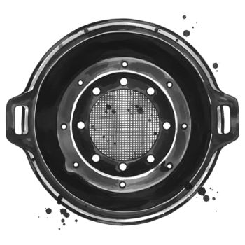 antenne visie van een circulaire metalen voorwerp met een maas centrum en handvatten Aan of kant in grijswaarden Aan transparant achtergrond png