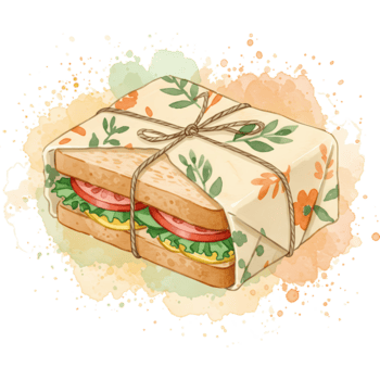 A sandwich wrapped in floral paper tied with string on a watercolor splash style design element art on transparent background png