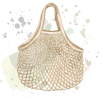 A reusable net bag with handles against a splattered neutral and light colored artistic background on transparent background png