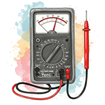 Analog multimeter with test leads and a watercolor splash behind the device in a drawing on transparent background png
