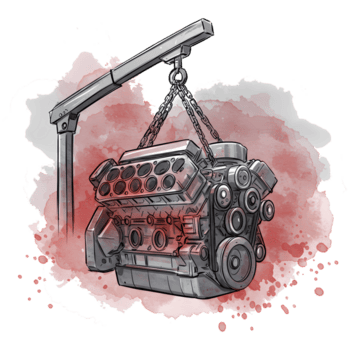 Engine on a stand with belts and pulleys shown in a cartoon style automotive mechanical component view on transparent background png