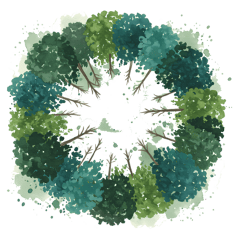 aéreo ver de un circular arreglo de arboles con variar sombras de follaje y visible ramas en transparente antecedentes png