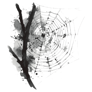 uma aguarela pintura do uma teia de aranha em uma ramo com uma circular padronizar e uma monocromático cor esquema em transparente fundo png