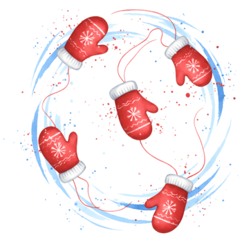Festive arrangement of five red mittens with snowflake designs connected by a red string circle on transparent background png