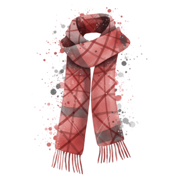 A festive scarf with a plaid pattern in shades of red and gray hanging in front of a neutral backdrop on transparent background png