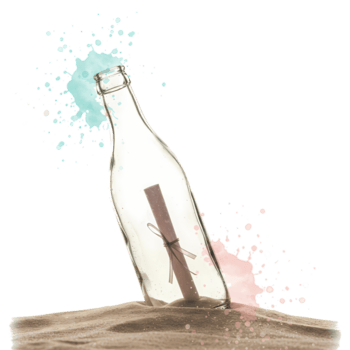 A clear bottle with a message inside sitting on sand with colorful smoke around it on a plain setting on transparent background png