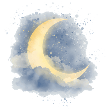 Glowing crescent moon with scattered star shapes on a plain backdrop in a digital rendering style on transparent background png