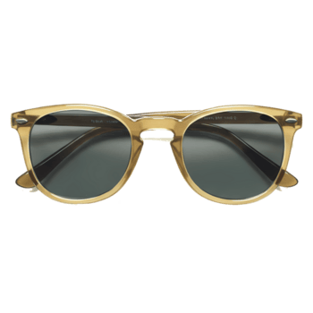 A close up of rounded sunglasses with a tan frame and gray lenses on a plain surface view from front on transparent background png