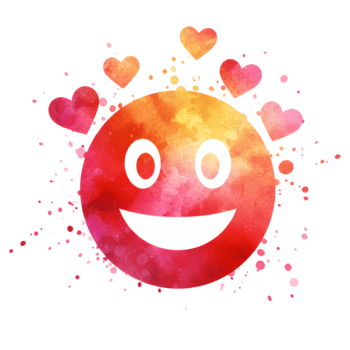 A watercolor style smiley face with hearts and pixel dust on a plain setting with a happy expression on transparent background png