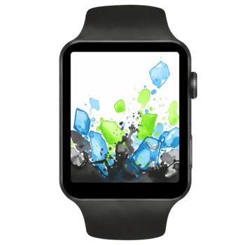 Smartwatch displaying abstract art with blue and green shapes on a white background showing time on transparent background png