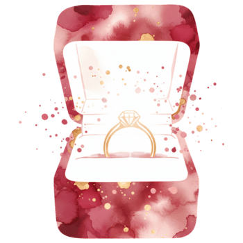 A watercolor style image showing a golden ring inside a white box with a red and gold pattern around it on transparent background png
